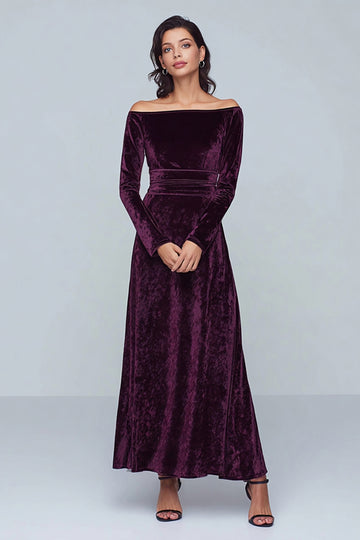Off The Shoulder Velvet A-Line Purple Formal Dress with Long Sleeves